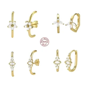 RENSINO 925 Sterling Silver C Shaped Ear Hoop Earrings Gold Plated Wedding Jewelry Piercing Body S925 Silver