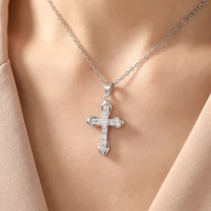 RENSINO 925 Sterling Silver CZ Christian Cross Rhodium Plated Pendant Religious Children’s Wedding Party Anniversary