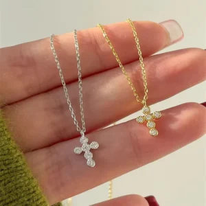 RENSINO 925 Sterling Silver CZ Cross Necklace For Women Gold Plated Bubble Pendant Dainty Christian Faith Jewelry Gift Daily Wear Chains