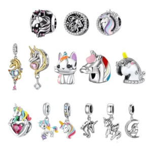 RENSINO 925 Sterling Silver Cartoon Unicorn Bead Charm Pendant for Bracelet Necklace Making