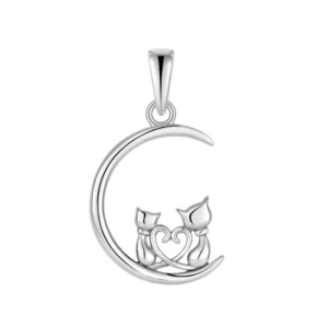 RENSINO 925 Sterling Silver Cat on the Moon Pendant Rhodium Heart Design Cute Animal Pendant Jewelry for Cat Lovers