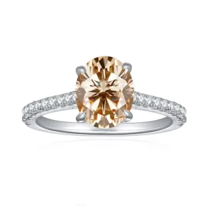 RENSINO 925 Sterling Silver Champagne Oval Moissanite Ring Pave Side Stones Engagement Fine Jewelry for Women OEM ODM