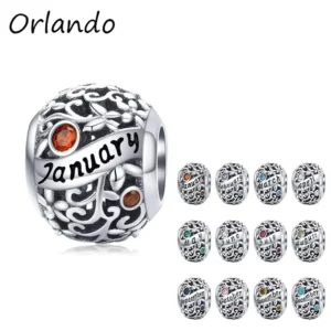 RENSINO 925 Sterling Silver Charm Twelve Birthstone Beads for Bracelet DIY Women Jewelry
