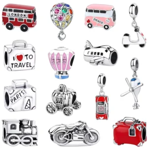 RENSINO 925 Sterling Silver Charms for Bracelets Travel Charm Airplane Train Bus Suitcase Beads DIY Custom Lucky Cat Charm Manufacturer