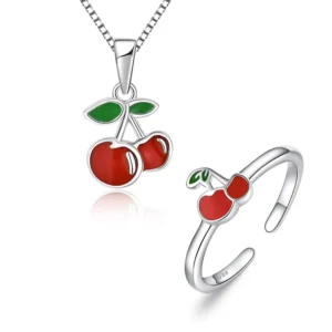 RENSINO 925 Sterling Silver Cherry Jewelry Set with Red Enamel and Green Leaves