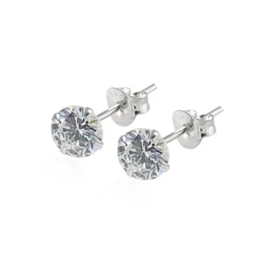 RENSINO 925 Sterling Silver Clear Cubic Zircon Stud Earrings Rhodium Plated Classic Claw Set with Butterfly Back Trendy Wedding Party