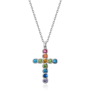 RENSINO 925 Sterling Silver Colorful 5A Zircon Cross Pendant Necklace for Religious Gift