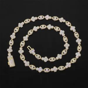 RENSINO 925 Sterling Silver Cross Eyes Link Baguette Vvs Moissanite Iced Out Cuban Link Chain Necklace