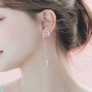 RENSINO 925 Sterling Silver Crystal Star Moon Earrings for Women Girls Gift Statement Jewelry Korean Earrings