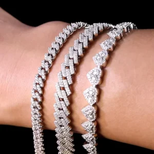 RENSINO 925 Sterling Silver Cuban Link Chain 8mm VVS D Moissanite Stones Hip Hop Style Necklace and Bracelet