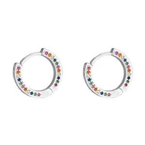 RENSINO 925 Sterling Silver Cubic Colored Zirconia Geometric Round Shaped Earrings Hoops Personalized Minimalist Style For Women