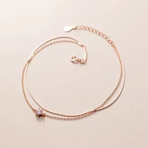 RENSINO 925 Sterling Silver Cubic Zirconia Anklets Bracelets Rose Gold Plated Double Layered Chain Anklet Foot Fine Jewelry for Women