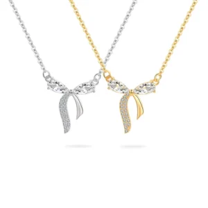RENSINO 925 Sterling Silver Cubic Zirconia Bow Butterfly Charm Pendant Necklace Dainty Clavicle Chain Jewelry Gift Set for Women