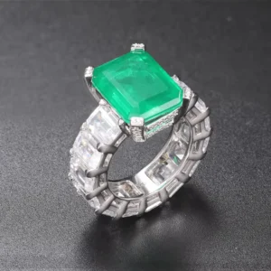 RENSINO 925 Sterling Silver Cubic Zirconia Gemstone Ring Green Emerald Stone Rings
