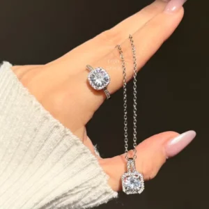 RENSINO 925 Sterling Silver Cubic Zirconia Iced Jewelry Set Non Tarnish Halos for Women Gold Plated Wedding Party Perfect Gift Necklace