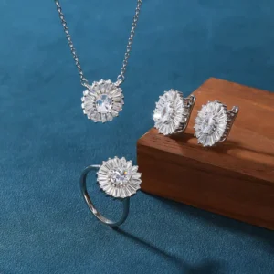 RENSINO 925 Sterling Silver Cubic Zirconia Sunflower Jewelry Set Necklace Ring Earrings For Women Wedding Party Gift
