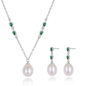 RENSINO 925 Sterling Silver Custom Green Zircon Necklace Gold Statement Necklace Pearl Charm Necklace