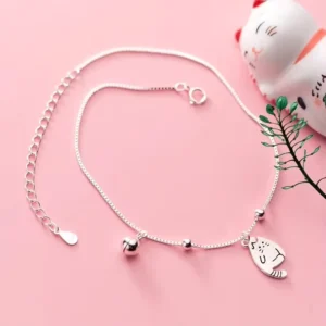 RENSINO 925 Sterling Silver Cute Bell Cat Shape Anklets Fashion Summer Foot Jewelry Anklet for Women