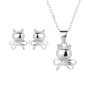 RENSINO 925 Sterling Silver Cute Cat Animal Earrings Rings Zirconia Jewelry Sets for Party