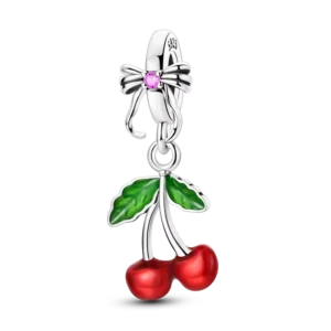 RENSINO 925 Sterling Silver Cute Cherry Pendant with Zircon Fashion Religious Style Charm for Women’s Party Gift Jewelry