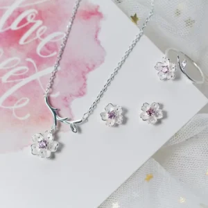 RENSINO 925 Sterling Silver Cute Peach Blossom Design Earrings Necklace and Ring Jewelry Set for Women Wedding Jewelry