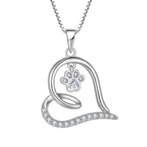 RENSINO 925 Sterling Silver Cute Rhinestone Dog Paw Heart Pendant Necklace Women’S Gift