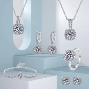 RENSINO 925 Sterling Silver D Color VVS1 Round Cut Moissanite Halo Ring Necklace Earring Set GRA Certified Bridal Jewelry
