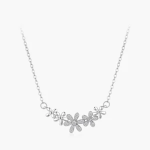 RENSINO 925 Sterling Silver Daisy Smiling Flower Pendant Necklace Clear Zircon for Women