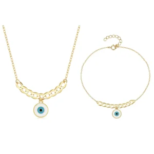 RENSINO 925 Sterling Silver Devil Eye Layered Pendant Necklace Bracelet Set Glaze Cuban Chain Hamsa Jewelry for Women Girls Gift