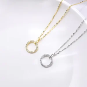 RENSINO 925 Sterling Silver Diamond Necklace Round Circle Zircon Pendant Gold Plated Necklace for Women
