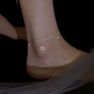 RENSINO 925 Sterling Silver Double Circle Anklet for Women Geometric Ring Light Luxury Flash Diamond Layers Anklet Bracelet