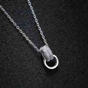 RENSINO 925 Sterling Silver Double Circle Diamond Necklace Korean Fashion Female Pendant Zircon Cute for Engagement Wedding