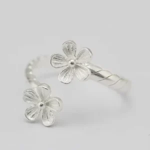 RENSINO 925 Sterling Silver Double Flowers Rings for Women Exquisite Adjustable Open Ring Silver Jewelry
