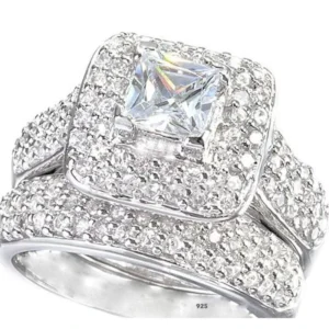 RENSINO 925 Sterling Silver Double Halo Diamond CZ Wedding Ring Set Cushion Cut Ring Set Womens Jewelry