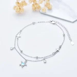 RENSINO 925 Sterling Silver Double Layer Anklet for Women Fine Jewelry Cross Ball Chain with Zircon Moonstone Turtle Rhodium Plated Gift