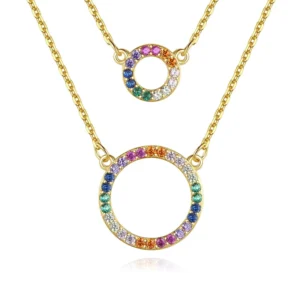 RENSINO 925 Sterling Silver Double Layer Colorful Zircon Round Pendant Necklace for Ladies