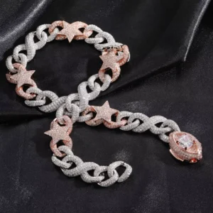 RENSINO 925 Sterling Silver Double Sided Link Chain VVS Moissanite Necklace Gold Plating Miami Cuban Style Engagement Party Gift for Men
