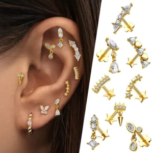 RENSINO 925 Sterling Silver Ear Stud Clear CZ Dangle Heart Star Vintage Threadless Labret Zircon Lip Piercing Jewelry Labret Stud