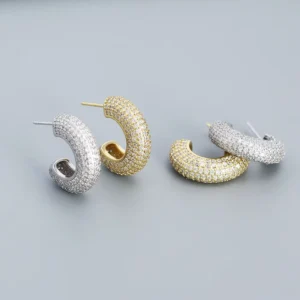 RENSINO 925 Sterling Silver Earrings for Women Full of Zircon Romantic Metal Wind C Word Design European American Style