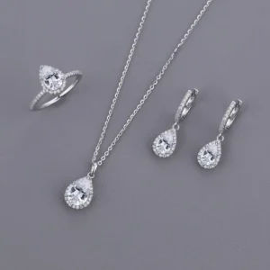 RENSINO 925 Sterling Silver Elegant Minimalist Necklace Set Water Drop Zircon Inlaid Chains for Women Including Ring Earring