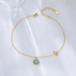 RENSINO 925 Sterling Silver Enamel Flower Bead Chain Anklet Light Blue Daisy Beaded Bracelet with Gold Plating for Women