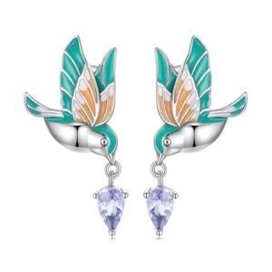 RENSINO 925 Sterling Silver Exquisite Kingfisher Stud Earrings for Women Colored Bird Ear Studs Trendy Gift Fine Jewelry BSE690