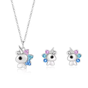 RENSINO 925 Sterling Silver Exquisite Unicorn Cute Animal Pendant Women’s Necklace and Earrings Set Jewelry