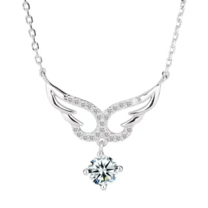 RENSINO 925 Sterling Silver Exquisite Women’s Necklace Inlaid with Cubic Zirconia Angel Wing Rhodium Plated Pendant Necklace