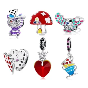 RENSINO 925 Sterling Silver Fantasy Charms Rabbit Cat Mushroom Clock Interchangeable Pendants Fit Animal Theme Gift Set