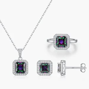 RENSINO 925 Sterling Silver Fashion Colorful Square Zircon Stud Earrings Pendant Necklace Rings for Women Fine Jewelry Sets