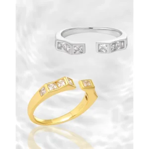 RENSINO 925 Sterling Silver Fashion Jewelry Irregular Geometric Square Diamond Zircon Open Rings for Women’s Wedding