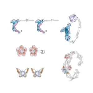 RENSINO 925 Sterling Silver Fashion Jewelry Sets Fine Jewelry Making Blossom Cherry Butterfly&Kingfisher Stud Earring&Ring Set