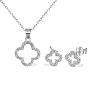 RENSINO 925 Sterling Silver Fashion Necklaces Hollow Four leaf Pendant Necklace 3 leaf Clover Stud Earrings Women’s Premium Jewelry Set