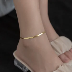 RENSINO 925 Sterling Silver Fashion Polishing Heart Simple Gold Color Snake Chain Anklets for Women Daily Fine Jewelry